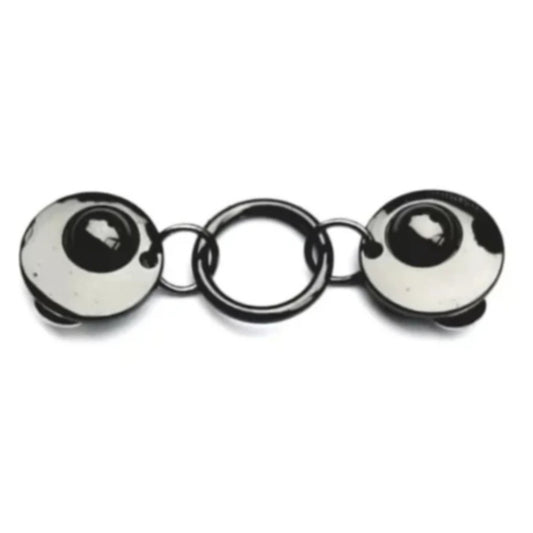 Vestsluiting Het Rondje zwart glanzend met ronde clips en ringverbinding, stijlvolle Fashionclip voor het sluiten van vesten.