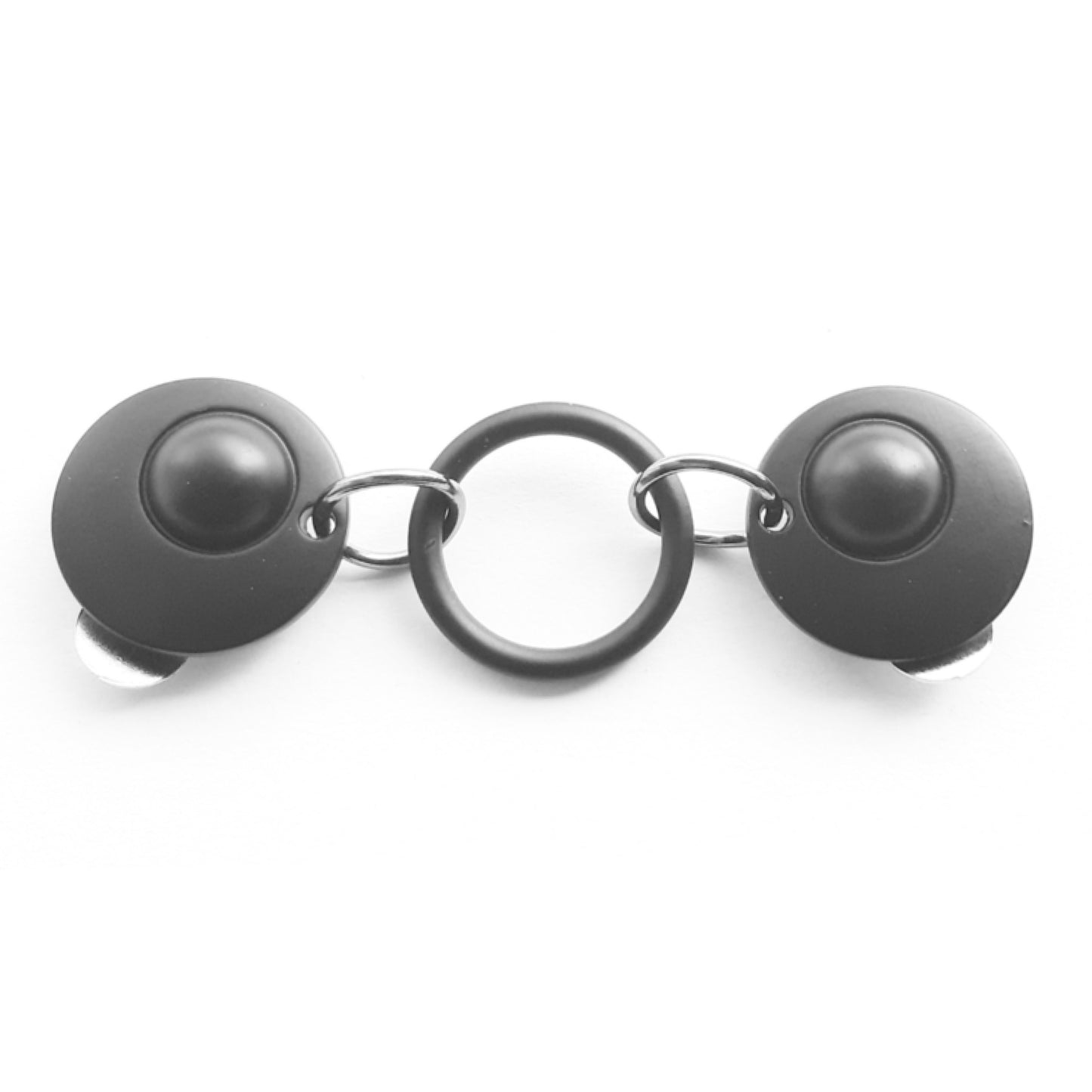 Vestsluiting Het Rondje zwart mat met ronde clips en ringverbinding, stijlvolle Fashionclip voor het sluiten van vesten.